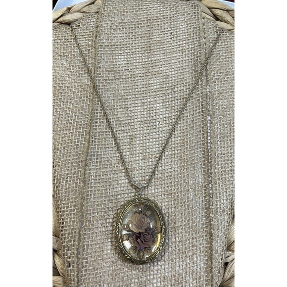 Vtg 1928 Brand Gold Tone Photo Filigree Rose Locket Necklace Pendant Chain 26in - Picture 2 of 12